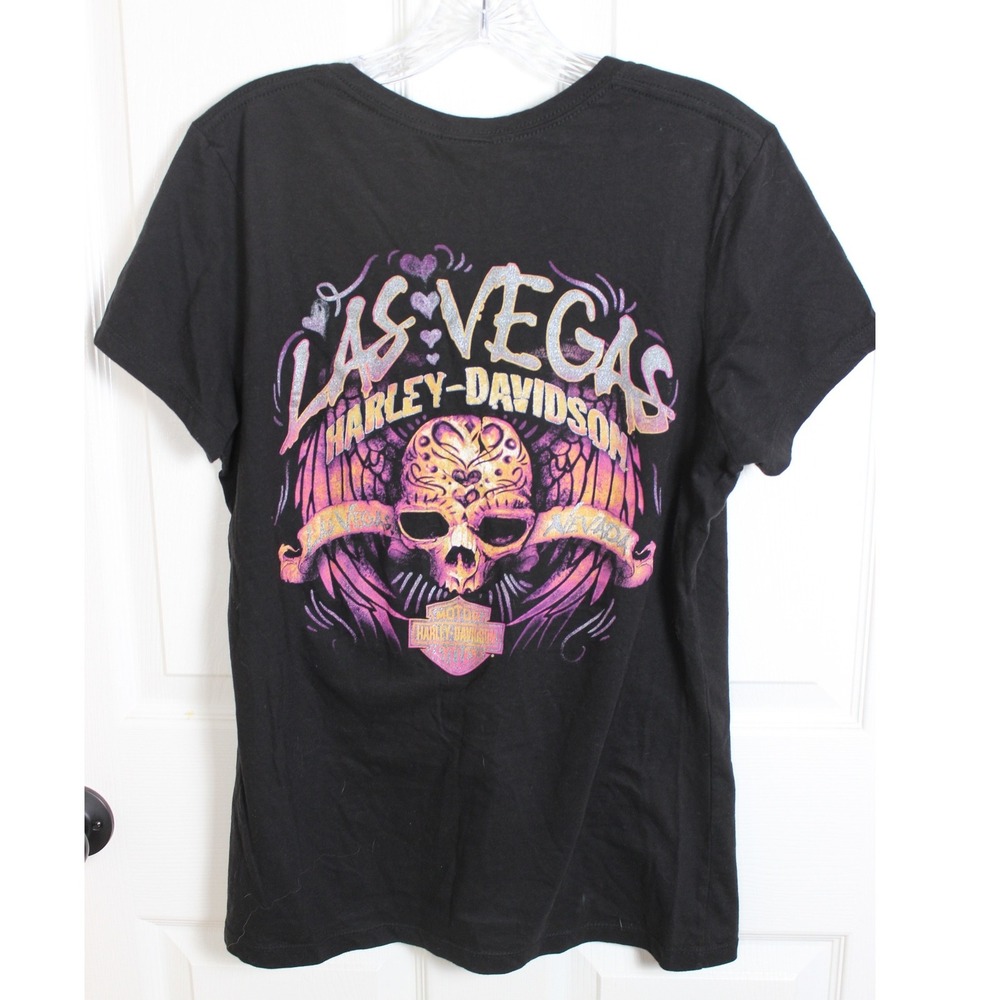 Las Vegas Harley Davidson V Neck T-Shirt Skull Graphic Black Womens L
